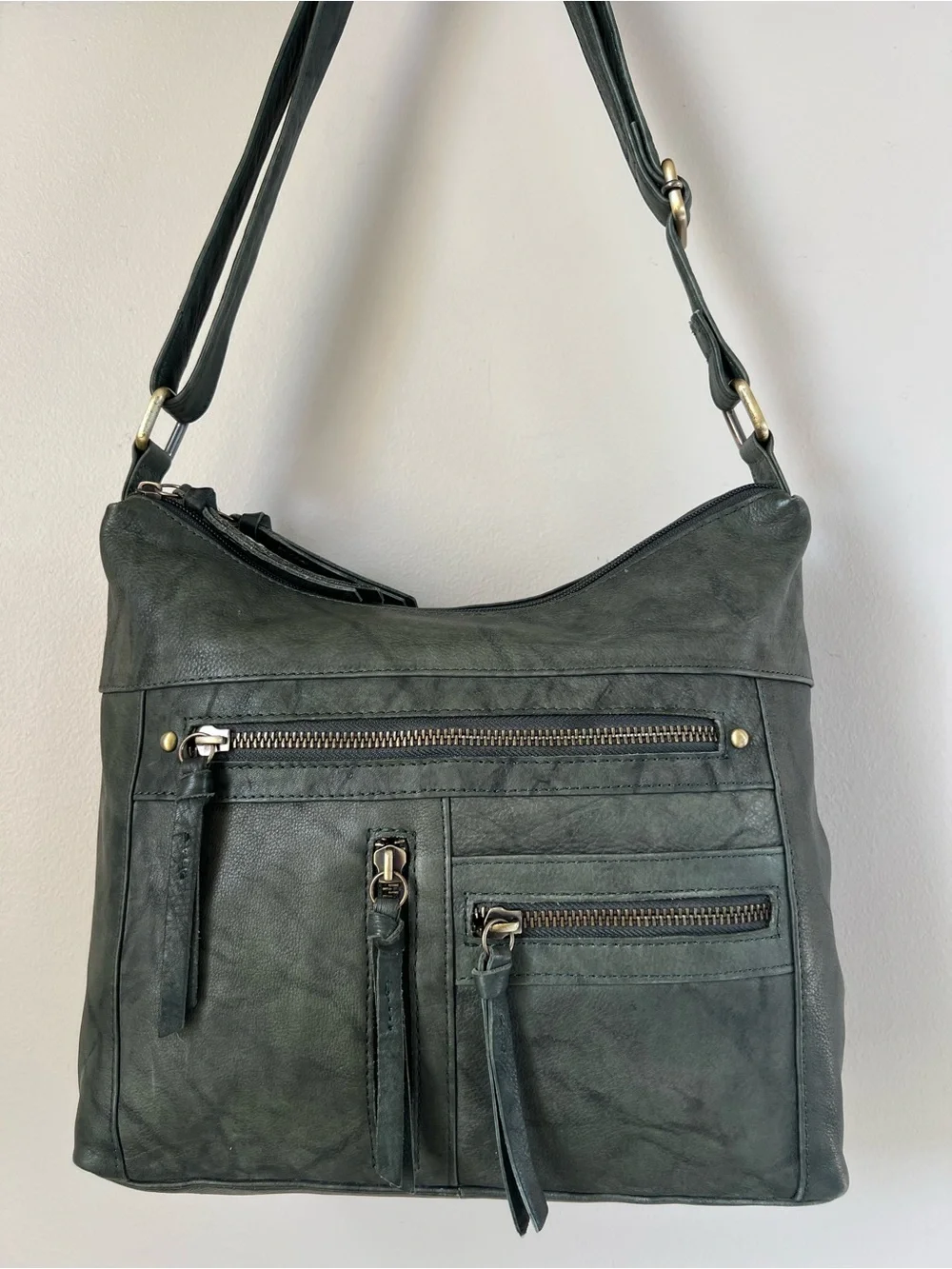 Great American LeatherWorks Slate Green Washed Leather Multi-Pocket Hobo Bag